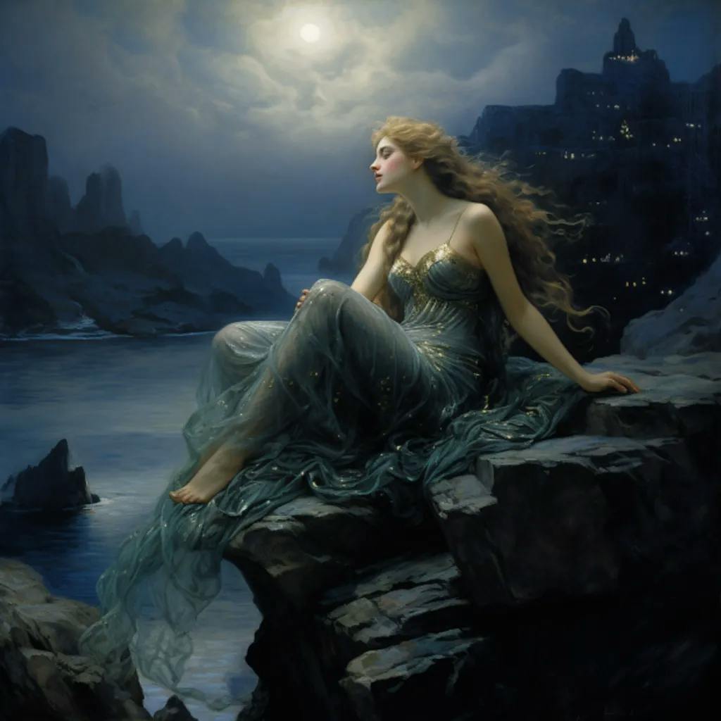 Das Bild zeigt eine Frau mit langem, welligem Haar, die auf einem Felsen sitzt, in einer Pose, die an die Sagengestalt der Loreley erinnern könnte. Sie blickt in die Ferne über eine nächtliche Flusslandschaft, die von einem hellen Mond beleuchtet wird, während im Hintergrund eine Burg auf einem Berg zu sehen ist.