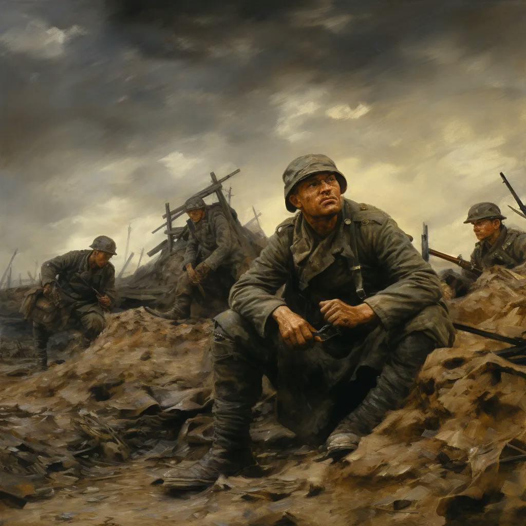Das Bild stellt Soldaten im Ersten Weltkrieg dar, erkennbar an ihren Uniformen und Helmen, die sich in einer tristen, kriegszerstörten Landschaft befinden. Der Vordergrund zeigt einen Soldaten, der in die Ferne blickt, während seine Kameraden um ihn herum in einem Zustand der Wachsamkeit verharren.