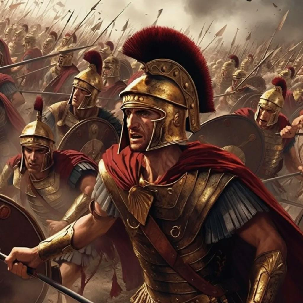 Das Bild zeigt mehrere Soldaten in römischer Militärausrüstung, die Helme mit roten Federbüschen tragen und Schilde halten. Sie scheinen sich auf einem Schlachtfeld zu befinden, was auf eine Szene aus dem römischen Reich hindeutet.