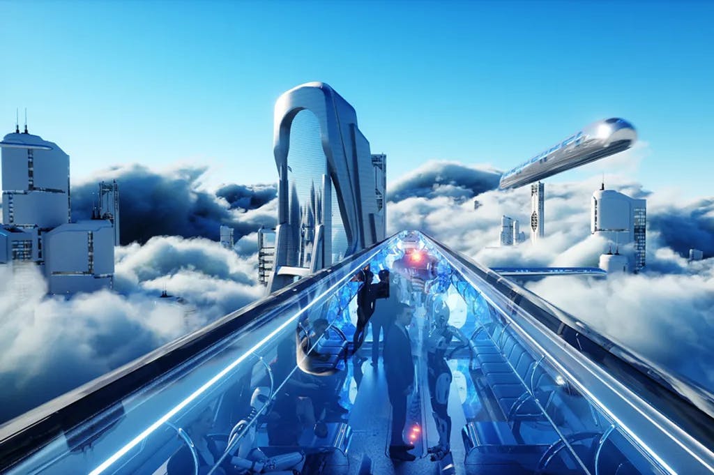 Fluggastzug. Futuristische Science Fiction Stadt in Wolken.