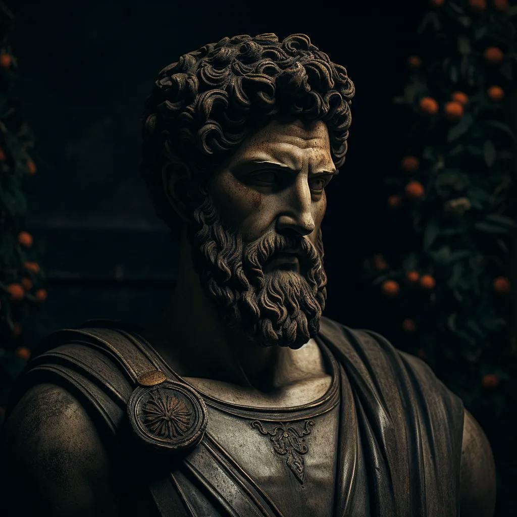 A stoic portrait of Roman Emperor Marcus Aurelius, in the dignified style of a classic Roman sculpture, chiaroscuro lighting highlighting the intricate details of his laurel wreath and stoic expression, earthy tones reflecting the marble textures of historic statues, captured as if through a fixed-focus lens with a tight depth of field to emphasize the subject against a subtly blurred background of the Roman Senate.