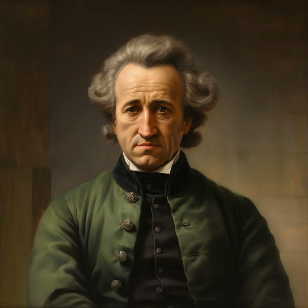 Das Bild zeigt ein Porträt von Johann Wolfgang von Goethe, erkennbar durch seine charakteristischen Gesichtszüge und Frisur, gekleidet in einem dunkelgrünen Rock mit Knöpfen. Seine Miene ist ernst und nachdenklich, was auf die Tiefe seines intellektuellen Charakters hindeuten könnte.