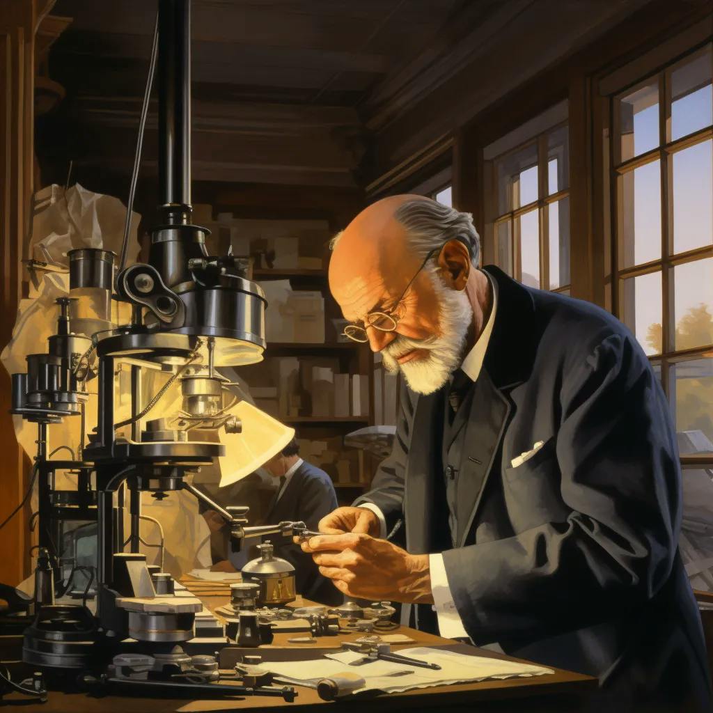 Das Bild zeigt eine Illustration von Robert Koch, der konzentriert an einem Mikroskop in einem Labor arbeitet. Er ist von verschiedenen wissenschaftlichen Instrumenten und Utensilien umgeben, was auf seine Arbeit im Bereich der Mikrobiologie hindeutet.