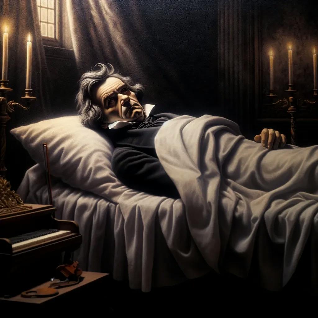 Das Bild zeigt eine Illustration von Ludwig van Beethoven auf dem Sterbebett, umgeben von Kerzenlicht. Er liegt in einem dunklen Raum, und ein geöffneter Flügel steht neben dem Bett.