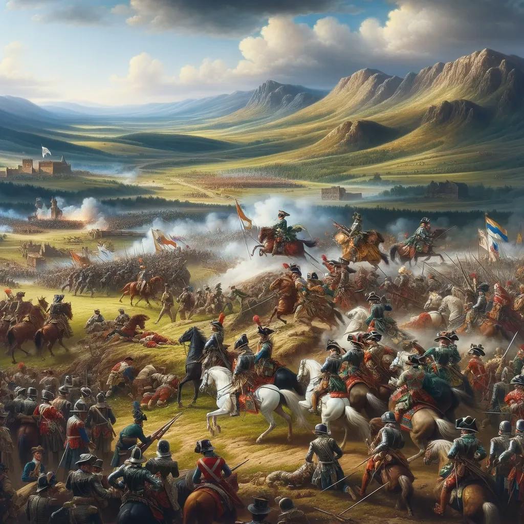 Das Bild zeigt eine Szene aus der Schlacht am Weißen Berg während des Dreißigjährigen Krieges mit Reitertruppen im Kampf. Die Soldaten tragen verschiedene Uniformen und Fahnen, während im Hintergrund eine hügelige Landschaft mit Burgen zu sehen ist.