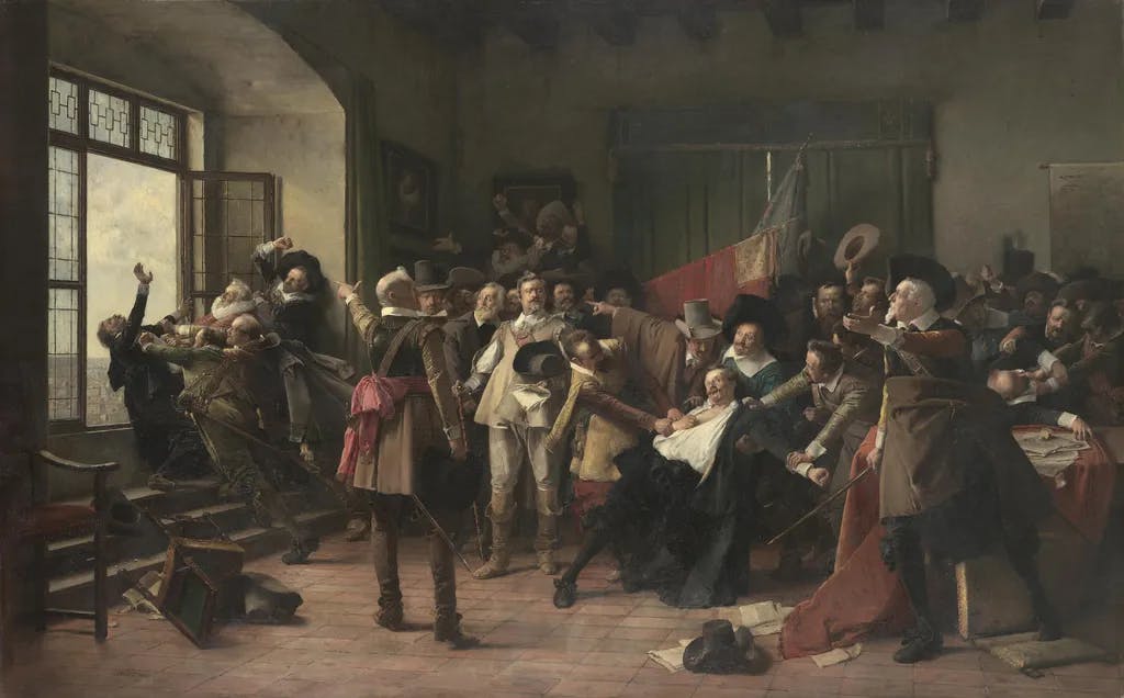 Painting by Václav Brožík from 1890 depicting the third defenestration of Prague.