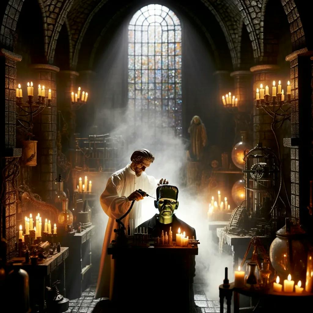 Frankenstein wird in einer Kirche zusammengeschraubt. Kerzen an der Wand und schummriges Licht scheint durch ein Fenster in den Raum.