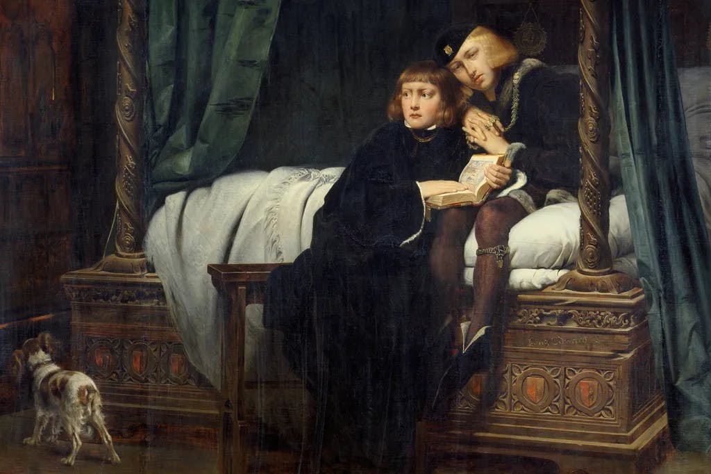 “Die Söhne Eduards IV. im Tower”. (Eduard V. und sein Bruder Richard, am 6. Juli 1483 im Tower ermordet auf Befehl Richards III.). Gemälde, 1830, von Paul Delaroche (1797–1856); .