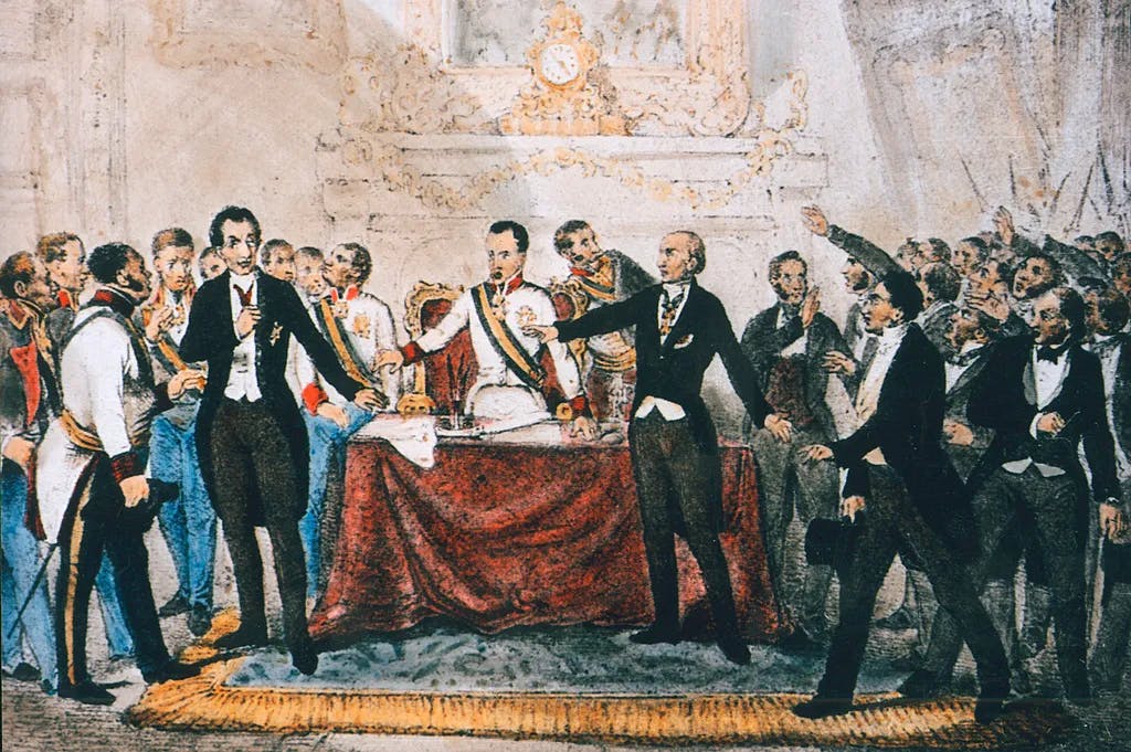 Revolution in Wien 1848 / Staatskanzler Klemes Wenzel Fürst Metternich wird zum Rücktritt gezwungen und flieht nach England, 13. März 1848. Entlassung Metternichs durch Kaiser Ferdinand I. nach seiner Rücktrittserklärung.