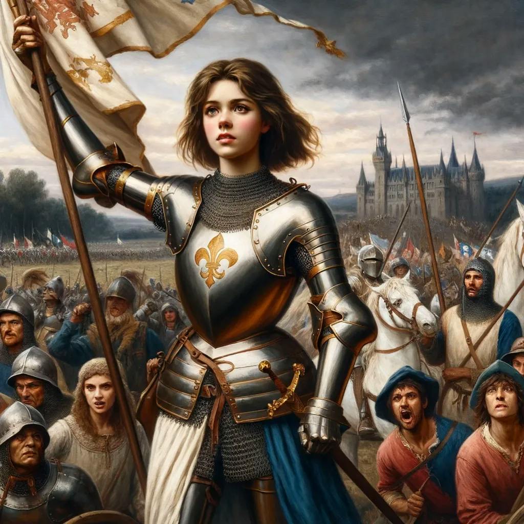 Das Bild zeigt eine Frau in Rüstung mit einem Banner, die die Jungfrau von Orleans darstellt, umgeben von Soldaten und einer Burg im Hintergrund. Ihr Blick ist entschlossen nach vorne gerichtet.