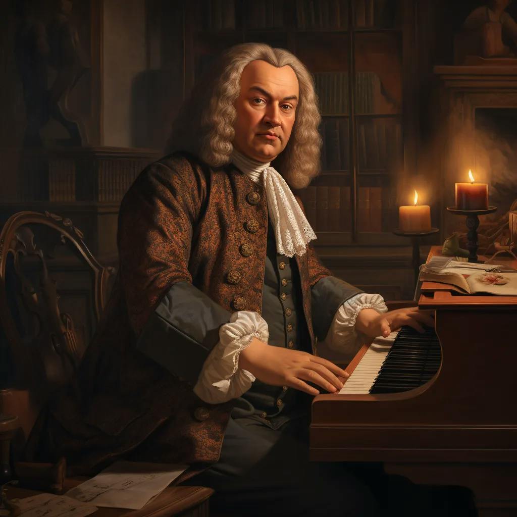 Das Bild zeigt eine Person, die Johann Sebastian Bach darstellt, am Klavier sitzend, mit Notenblättern und einem Kerzenleuchter auf dem Instrument. Die Umgebung, unterstrichen durch Bücher und eine barocke Einrichtung, könnte auf die Schaffenszeit von Bachs "Das Wohltemperierte Klavier" hinweisen.