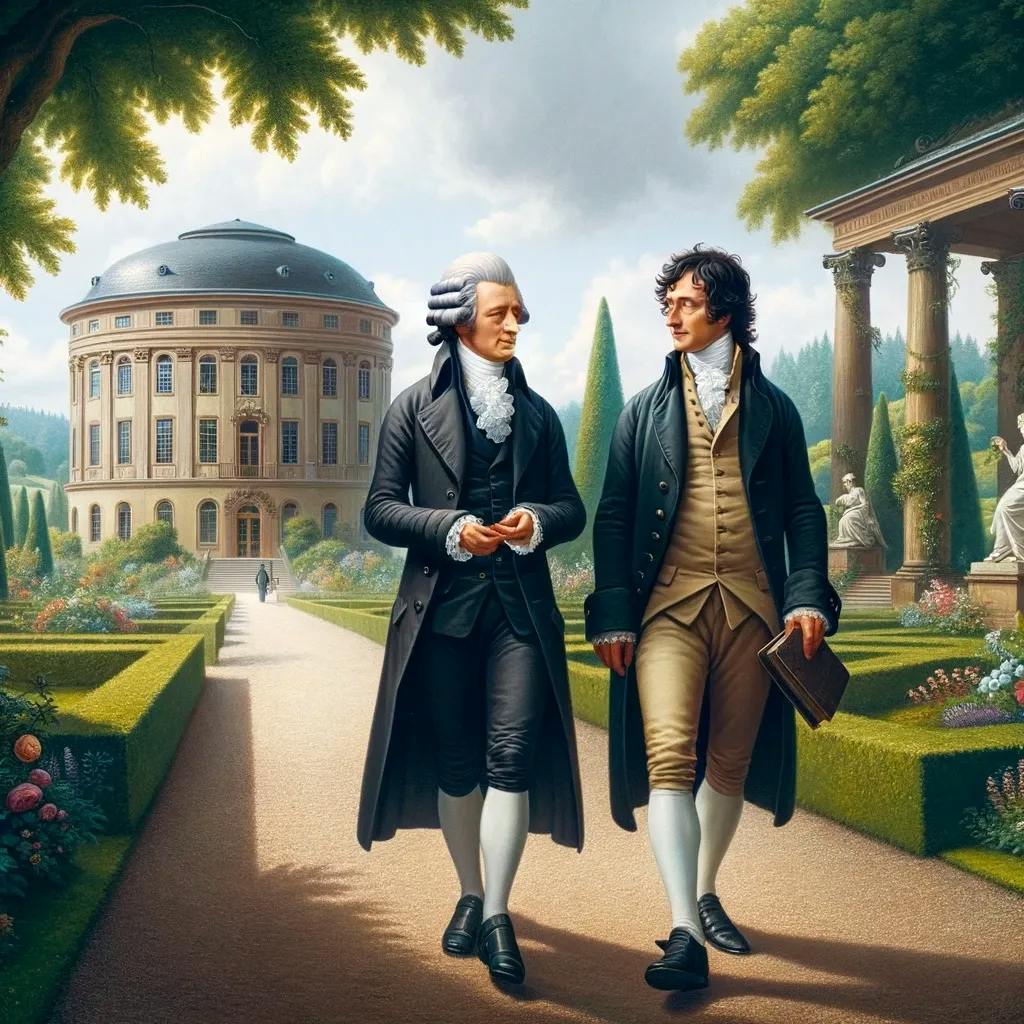 Das Bild zeigt Friedrich Schiller und Götz von Berlichingen gemeinsam in einer klassizistischen Gartenlandschaft, wahrscheinlich in Weimar, spazierend und im Gespräch. Beide sind in zeitgenössische Kleidung des späten 18. oder frühen 19. Jahrhunderts gekleidet, und im Hintergrund ist ein klassizistisches Gebäude zu sehen.