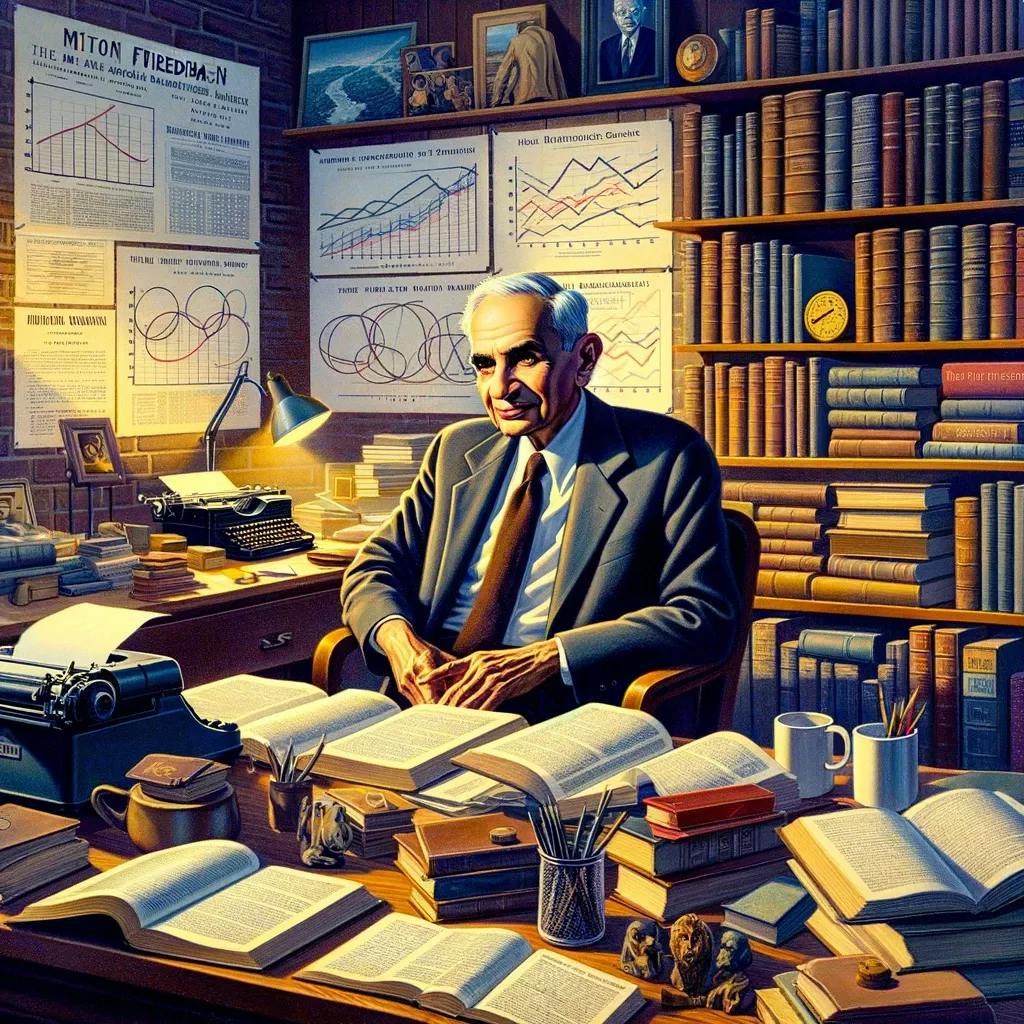 Milton Friedman in his study in front of economic books with a subtle smile. Graphs and a bookshelf in the background