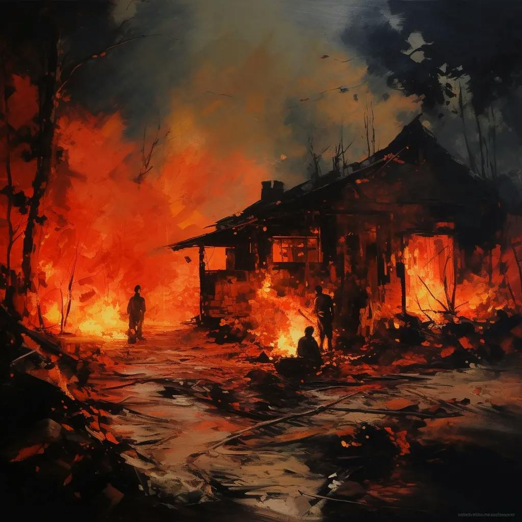 Das Bild zeigt eine brennende Szene mit einem zerstörten Gebäude und umherliegenden Trümmern, was das Massaker von My Lai während des Vietnamkrieges darstellen könnte. Figuren sind im Vordergrund erkennbar, die vor dem Feuer und der Zerstörung stehen.