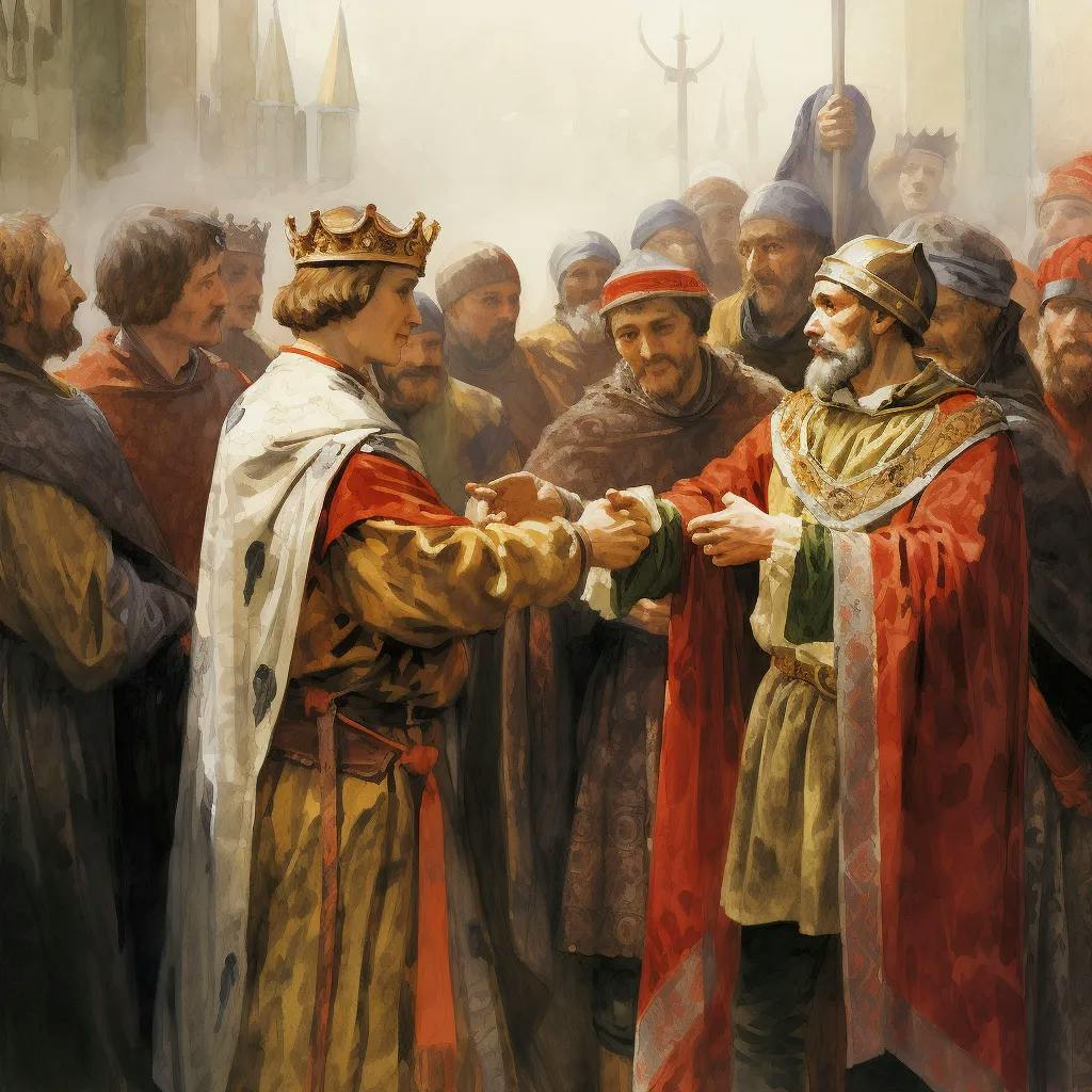 Das Bild illustriert eine Szene aus den Rosenkriegen, in der ein gekrönter König in königlicher Tracht einem anderen Adeligen die Hand reicht. Sie stehen im Zentrum einer Gruppe von Männern in traditioneller mittelalterlicher Kleidung.