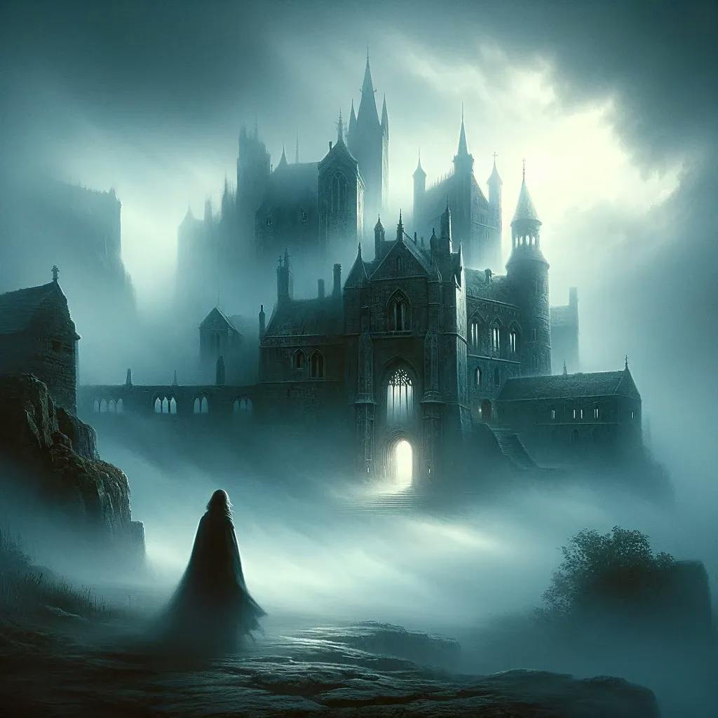 Mystische nebelige Landschaft mit einer gotischen Burg die zwischen Gebirgsfelsen im Hintergrund aus den Nebelschleiern ragt.