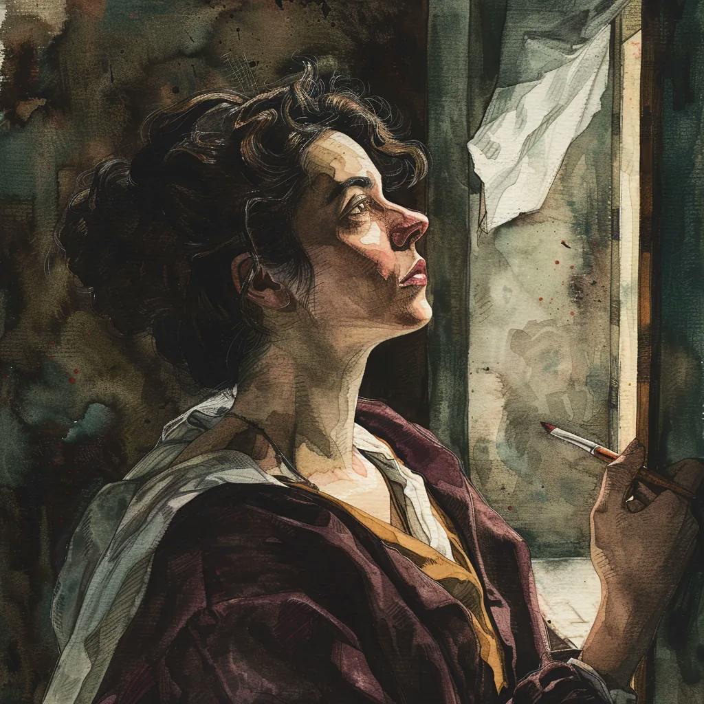 Portrait of Artemisia Gentileschi, using influences of Caravaggio's dramatic tenebrism, rendered in watercolor, balanced lighting that emulates the natural illumination of a Baroque workspace, colors in muted tones with an emphasis on maroons, ochres, and olive greens, shot with a 50mm lens capturing her expression and brushstrokes with intimate attention to detail.