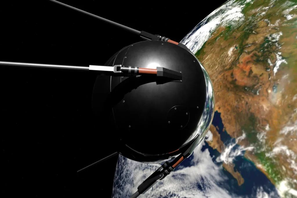 Satellit Sputnik 1 im All gegen die Erde. 3D-Darstellung.