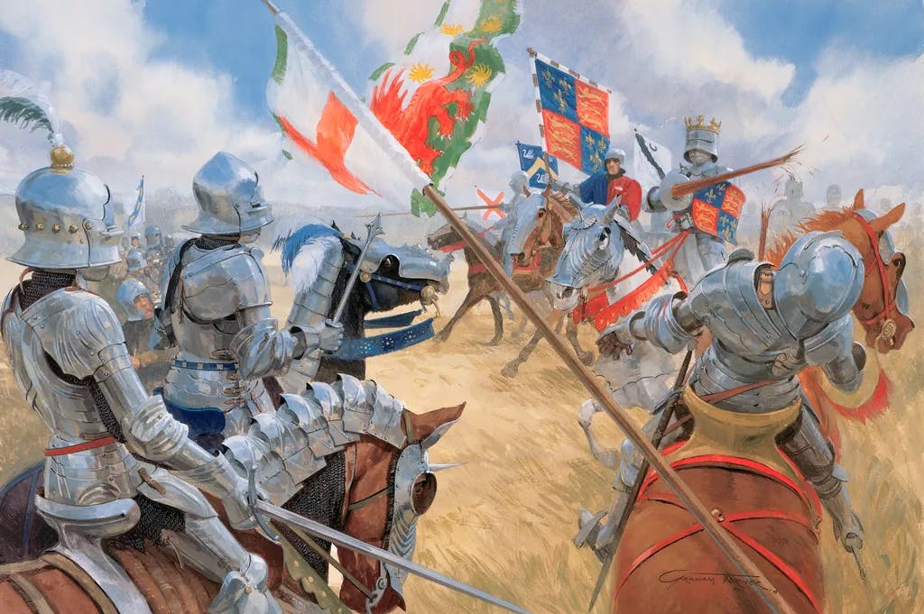 Rosenkriege 1455-85. Schlacht von Bosworth am 22. August 1485 zwischen den Heeren von König Richard III. und Heinrich Tudor, Earl of Richmond, dem späteren König Heinrich VII. von England. Der Kampf endete mit dem Tod Richards III.