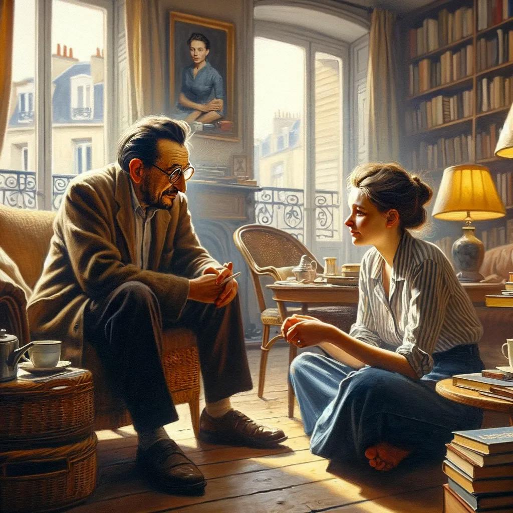 Das Bild zeigt zwei Personen, die in einem mit Büchern gefüllten Raum sitzen und miteinander zu kommunizieren scheinen. Der Mann sitzt auf einem Stuhl und hält eine Zigarette, während die Frau ihm auf dem Boden sitzend gegenübersteht.