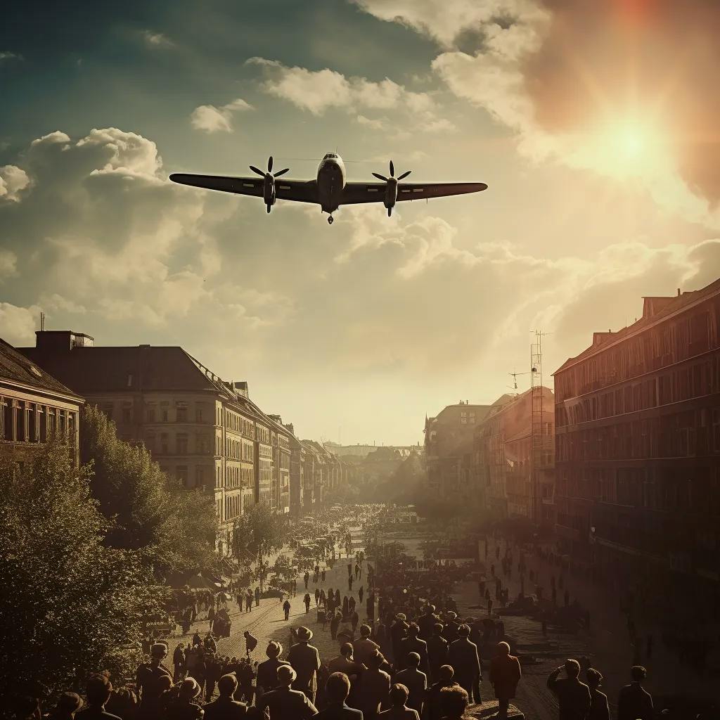 Ein Flugzeug über den Dächern der Stadt Berlinb, während der Berlin-Blockade.