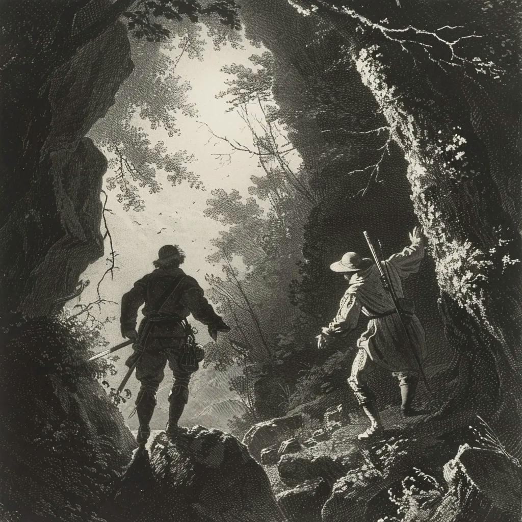 Szene im Wald. Eine schwarz weiß Zeichnung von 2 Räubern die durch einen Wald schleichen. 