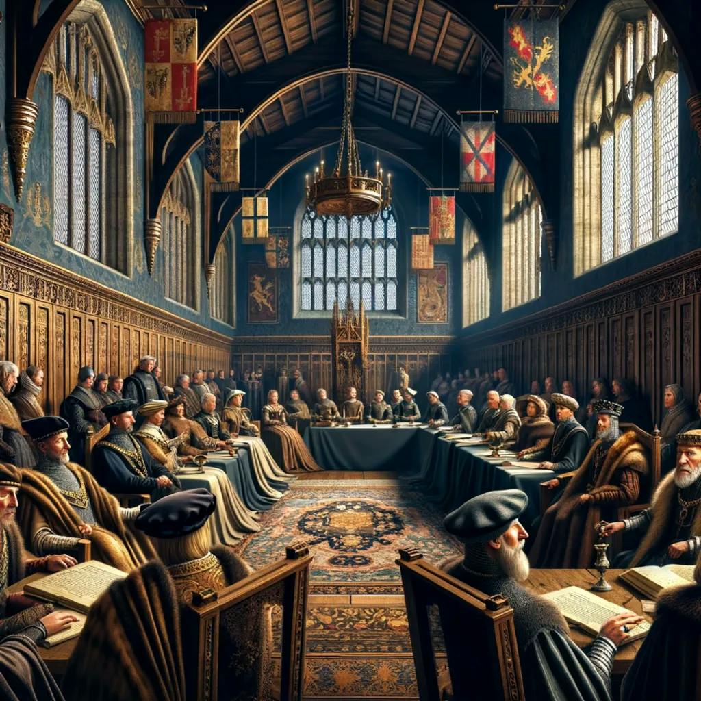 Das Bild zeigt eine Gruppe von Männern in traditioneller Kleidung des späten Mittelalters oder der frühen Renaissance, die sich in einem großen, reich verzierten Saal versammelt haben. Sie sitzen an einem langen Tisch oder stehen in der Nähe und scheinen eine formelle Versammlung oder Beratung abzuhalten.