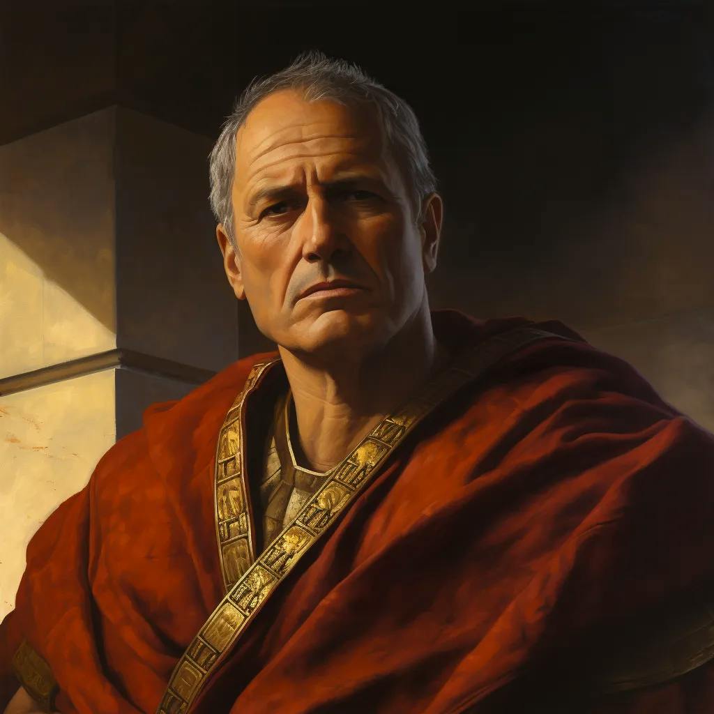 Marcus Tullius Cicero, ancient Roman statesman in a toga, oil painting, warm golden light highlighting his dignified expression, classical Roman color palette with deep reds and earth tones, composition: medium close-up shot using a 50mm lens to create a sense of intimacy