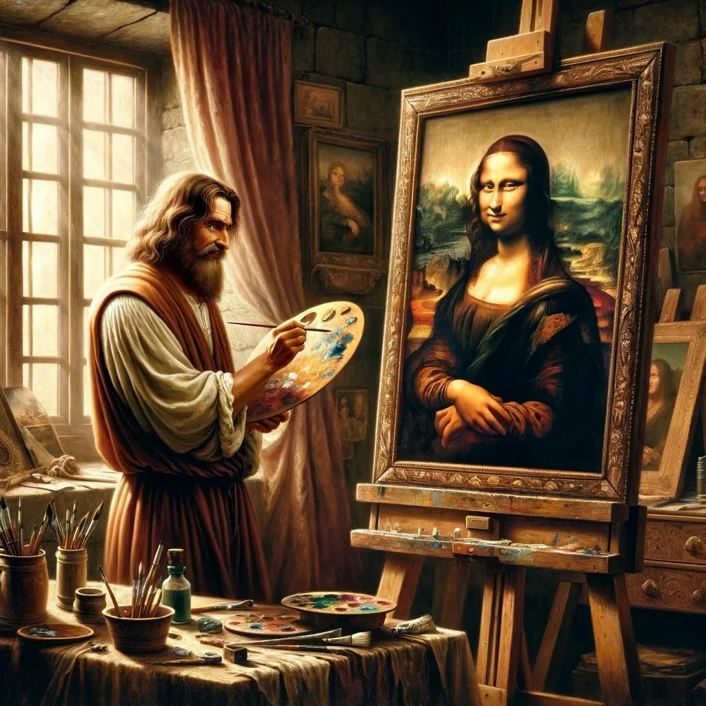 Das Bild zeigt eine Darstellung von Leonardo da Vinci, wie er an der Mona Lisa malt, einem seiner berühmten Werke. Er steht in einem Atelier, umgeben von Malutensilien, und hält eine Palette in seiner Hand.
