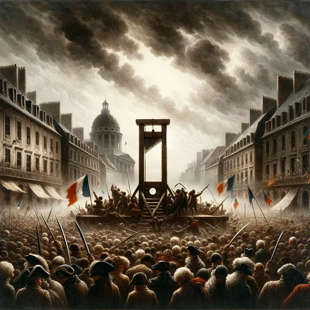 Das Bild zeigt eine Guillotine auf einem öffentlichen Platz während des Jahres des Terrors in der Französischen Revolution, umgeben von einer großen Menschenmenge. Über dem Platz wölken sich dunkle Wolken zusammen, und die Szene wird von den umliegenden Gebäuden mit klassischer Architektur eingerahmt.