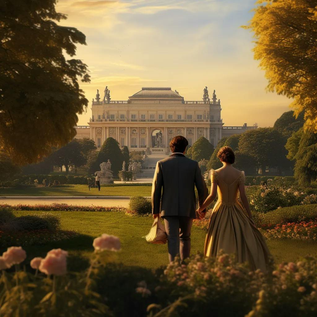 Das Bild zeigt ein Paar in historischer Kleidung, das Hand in Hand auf ein stattliches Gebäude im Hintergrund zugeht, umgeben von einem gepflegten Garten, was an die Epoche erinnert, in der Beethovens "Für Elise" entstand.