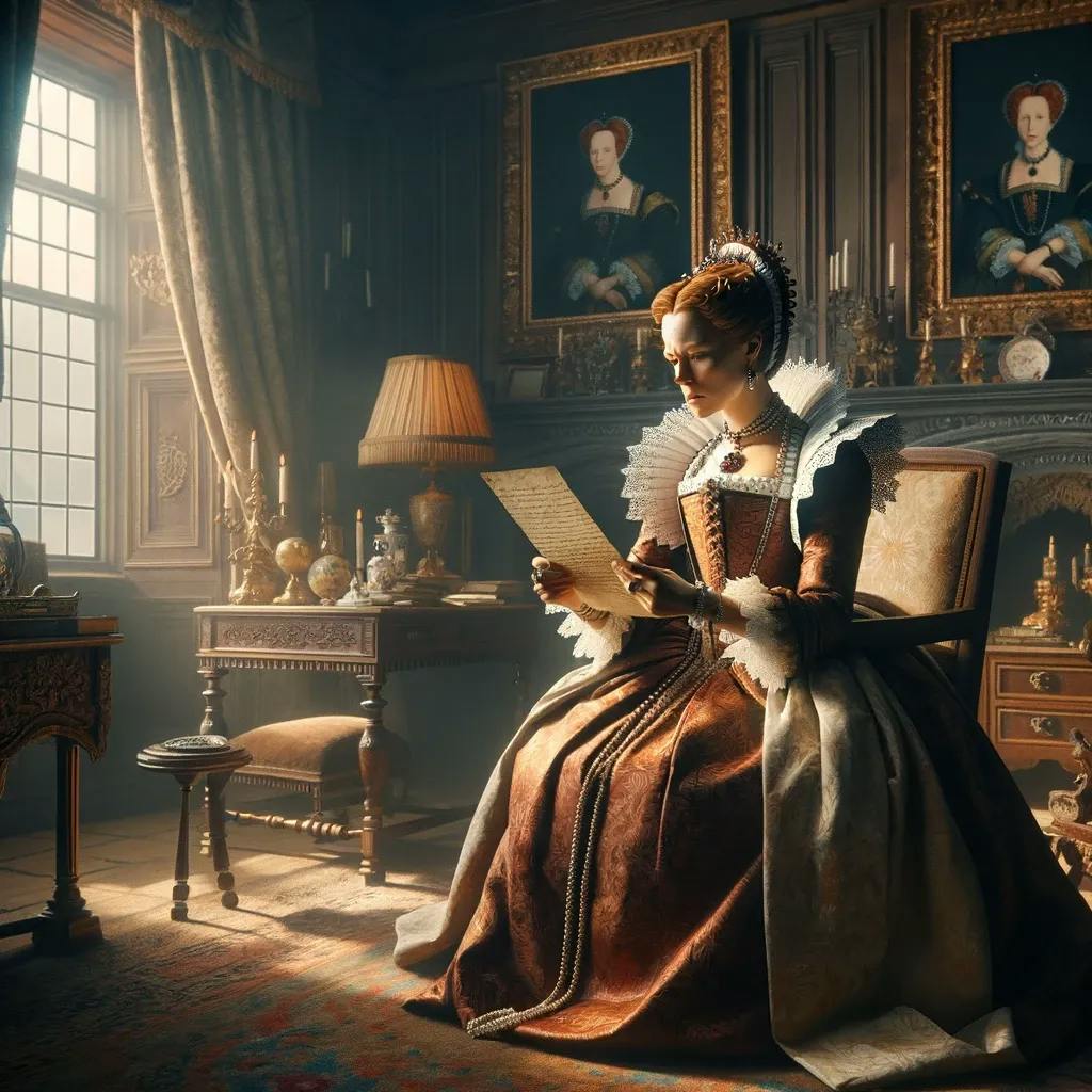 Das Bild zeigt Maria Stuart, erkennbar durch historische Referenzen und ihren prägnanten Kleidungsstil, sie sitzt an einem Schreibtisch und liest ein Dokument. Der Raum ist reich dekoriert mit Porträts, Möbeln und Gegenständen aus der Epoche, die auf ihren hohen sozialen Status hindeuten.