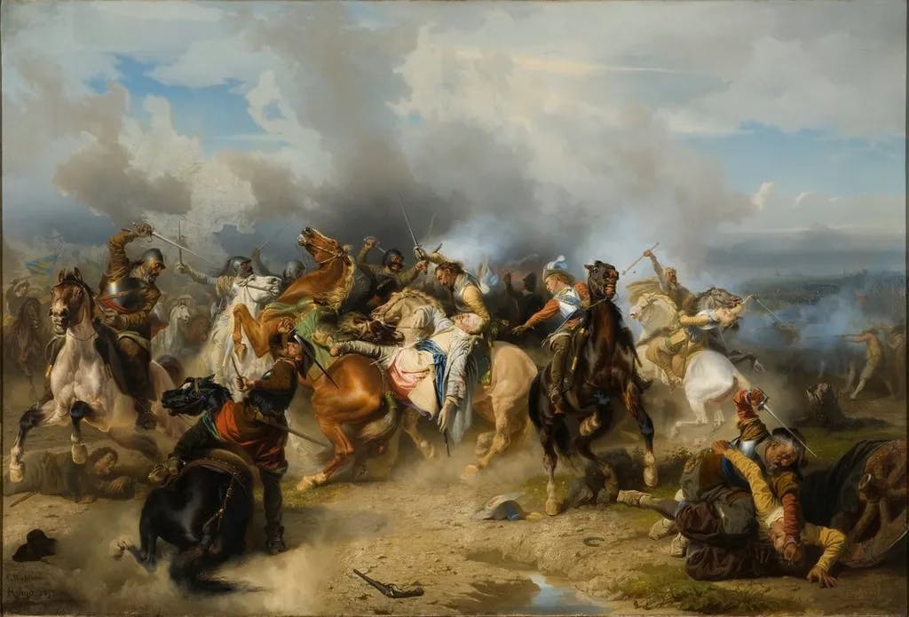 This painting shows the moment when the Swedish King Gustav II Adolf is killed on the battlefield at Lützen on 6 November, 1632. The brightly illuminated body of the dead king appears to be sliding off his horse, only to be caught by a horrified Swedish soldier. The king is portrayed as a hero and a martyr, a figure distinctly reminiscent of renditions of the dead Christ. But Wahlbom has also utilised the potential of the scene to show off his strongest technical skill – that of painting horses in various movements and light.
