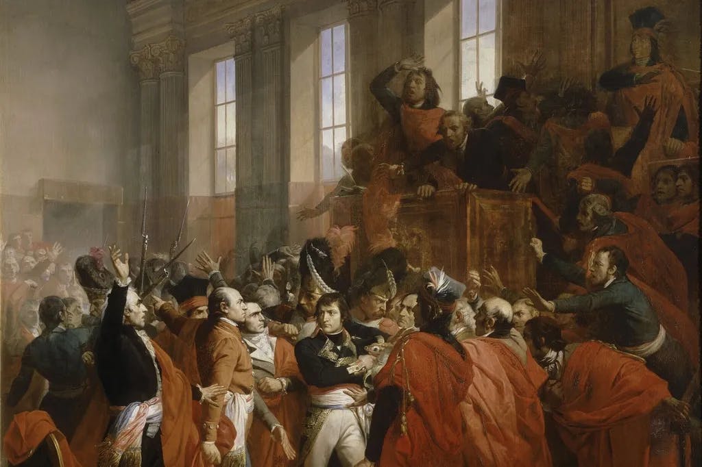 General Bonaparte vor dem Rat der Fünfhundert in Saint-Cloud am 10. November 1799 (Gemälde von François Bouchot aus dem Jahr 1840)