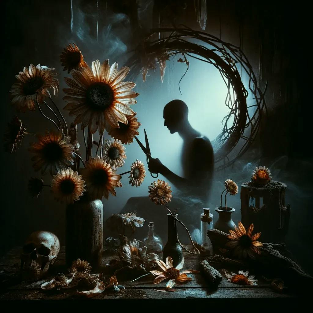 Auf dem Bild ist eine dunkle, nebelige Szene mit einer Silhouette einer Person, die eine Schere hält und umgeben ist von Sonnenblumen, einigen Flaschen, einem Schädel und einem Kranz. Die Komposition erinnert an ein Stillleben im vanitas Stil, der die Vergänglichkeit symbolisiert.