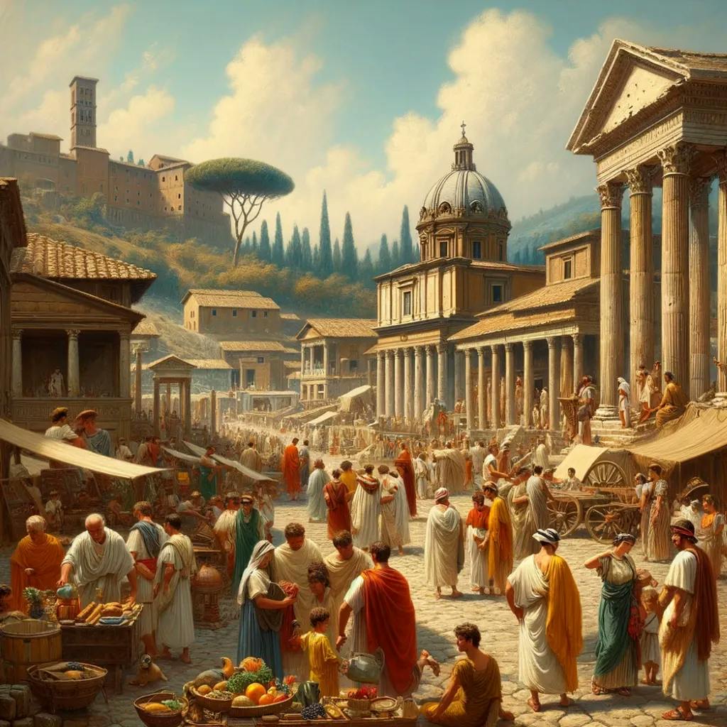 Das Bild zeigt eine lebendige Szene aus dem alten Rom mit Menschen in traditioneller Kleidung, die sich auf einem belebten Marktplatz zwischen klassischen Säulen und Gebäuden bewegen. Im Hintergrund erheben sich historische Strukturen auf Hügeln, die den architektonischen Stil und das städtische Leben der römischen Königszeit widerspiegeln.