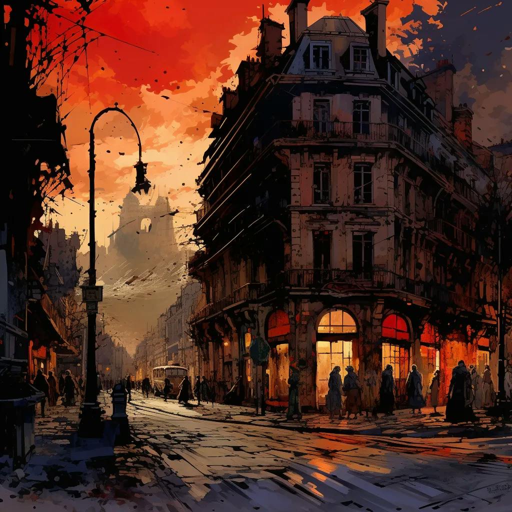 Das Bild zeigt eine lebhafte Pariser Straßenszene bei Sonnenuntergang oder Morgendämmerung mit dramatischem rotem Himmel. Menschen gehen auf den Gehwegen und Lichter scheinen aus den Fenstern eines Eckgebäudes, was an die Atmosphäre der "Mandarins von Paris" erinnern könnte.