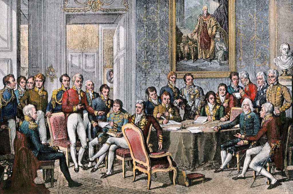 Europäische Staatsmänner treffen sich auf dem Wiener Kongress zur Beendigung der Napoleonischen Kriege, 1815. 