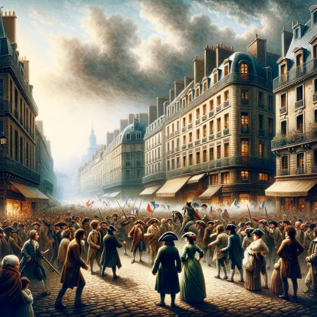 Das Bild stellt eine Szene auf den Straßen von Paris am Vorabend der Französischen Revolution dar, mit Menschenmengen, die sich versammeln und Flaggen schwenken. Charakteristische Gebäude des 18. Jahrhunderts säumen die Straße, und der Himmel ist von Rauchschwaden überschattet.