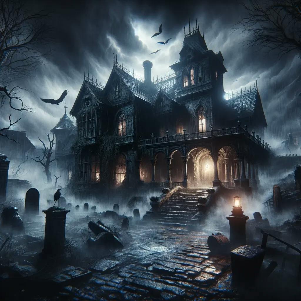 Horror Haus im Stil der schwarzen Romantik mit Grabsteinen im Vorgarten. Fledermäuse sind in der Luft und im Haus scheint Licht. 