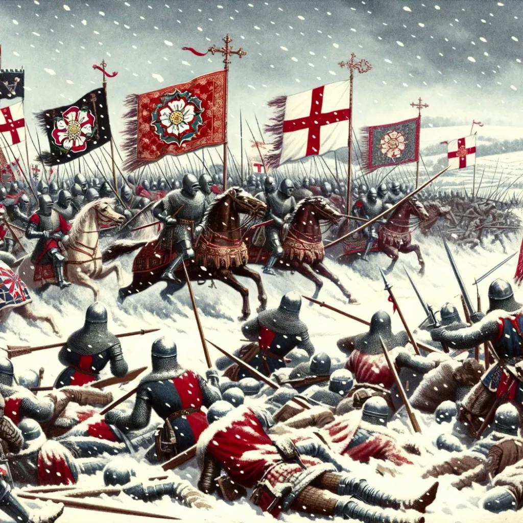 Das Bild stellt eine Schlacht während der Rosenkriege dar, gekennzeichnet durch kämpfende Ritter zu Pferd und zu Fuß im Schnee. Fahnen mit Wappen schmücken das Schlachtfeld, während Soldaten im Kampfgetümmel auf einem verschneiten Feld konfrontiert werden.