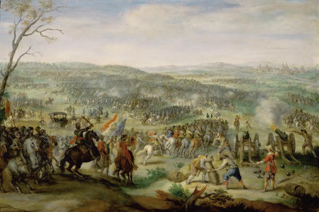 Die Schlacht am Weißen Berge bei Prag, 1620 ', eine Schlacht zu Beginn des Dreißigjährigen Krieges, in der Friedrich V., böhmischer König und Protestant, gegen die katholische Liga unter General Tilly verlor.