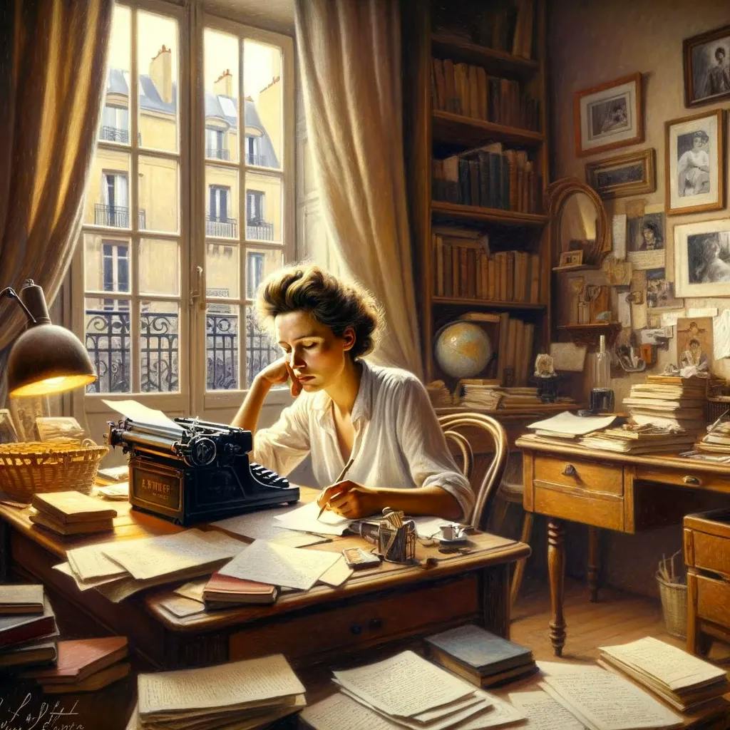 Das Bild zeigt eine Frau, die Simone de Beauvoir ähneln könnte, vertieft in ihre Arbeit an einem Schreibtisch voller Bücher und Papieren, neben einer Schreibmaschine. Das sonnendurchflutete Zimmer bietet einen Blick auf die Pariser Architektur durch ein großes Fenster.