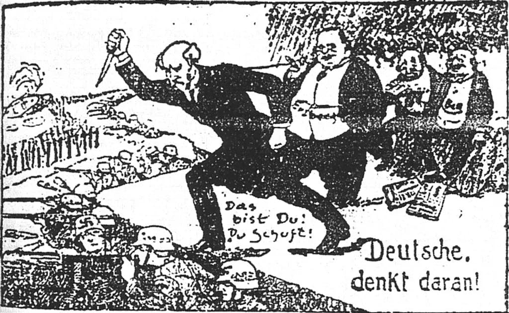 Auf dieser Karikatur über die Dolchstoßlegende sind zwei Männer in Anzügen zu sehen , die aggressiv aufeinander einwirken, während eine Gruppe von Menschen im Hintergrund zuschaut. Über der Szene steht der Text "Das bist Du, Du Schuft! Deutsche, denkt daran!".