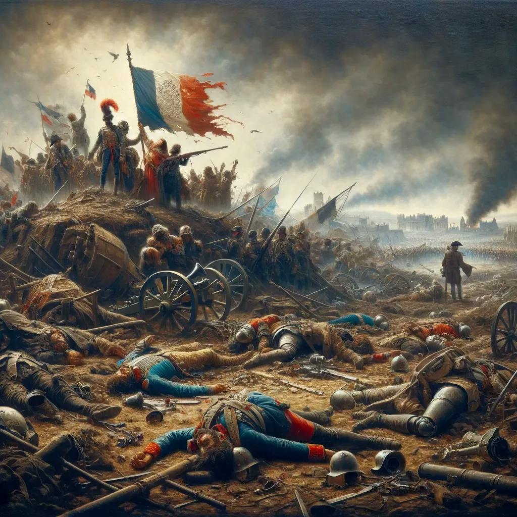 Das Bild stellt die Schlacht von Azincourt dar, mit Soldaten, die französische Flaggen auf einem Schlachtfeld schwenken, während um sie herum viele gefallene Krieger und verstreute Waffen liegen. Rauch erfüllt die Luft über dem umkämpften Feld, das von Tod und Zerstörung gezeichnet ist.