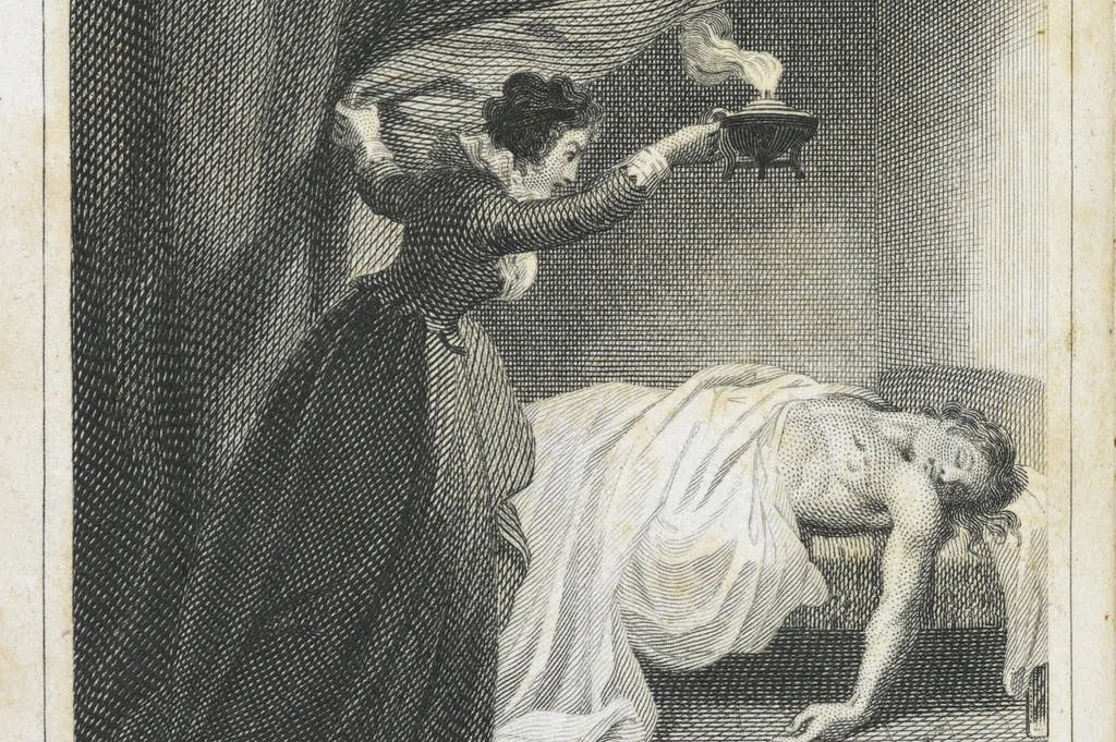 Die Geheimnisse von Udolpho". Die Illustration zeigt die Entdeckung eines toten Körpers im Bett.