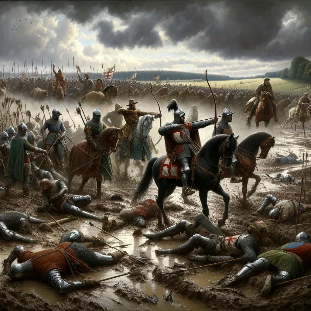 Das Bild porträtiert die Schlacht von Crécy, mit Rittern zu Pferd und Infanterie, die in einem matschigen Feld kämpfen. Gefallene Soldaten liegen auf dem Boden, und im Hintergrund sind die Reihen der Armee und Flaggen zu erkennen.