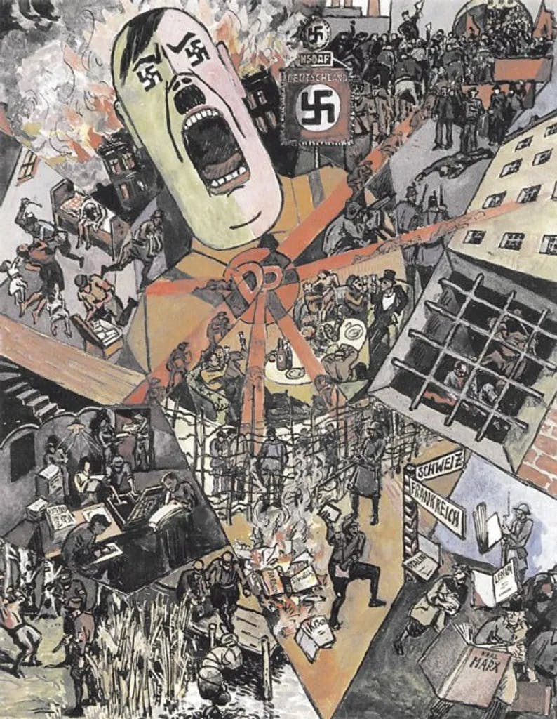 Auf dem Bild ist eine karikaturartige Darstellung von Adolf Hitler mit dem Hakenkreuz auf der Stirn. Die Szene ist chaotisch, mit vielen kleinen Figuren und Szenen, die Krieg und Zerstörung darstellen.