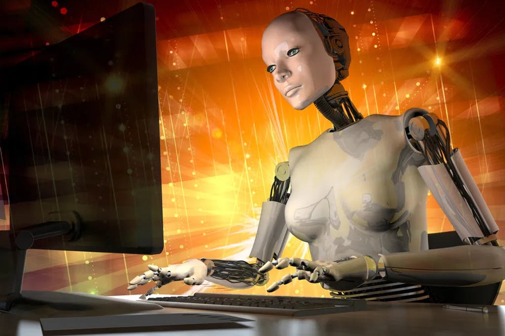 Der Roboter arbeitet am Computer