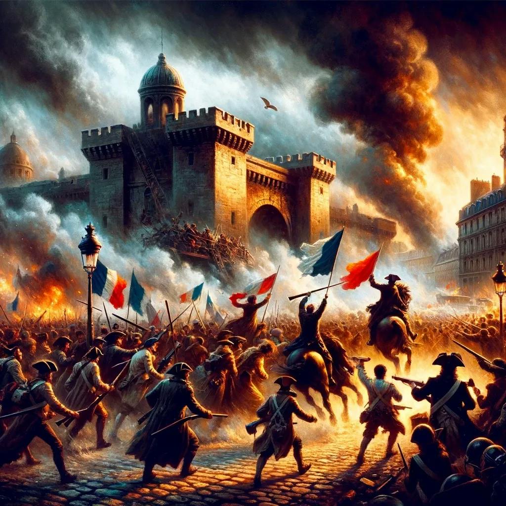 Das Bild zeigt den Sturm auf die Bastille während der Französischen Revolution, mit einer aufgebrachten Menschenmenge und Kämpfern, die die Festung angreifen. Rauch steigt in den Himmel, während die Angreifer Flaggen tragen und gegen das Gebäude vorrücken.